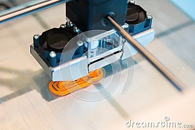 Automatic three dimensional 3d printer performs product creation. Modern 3D printing or additive manufacturing and robotic Stock Photo