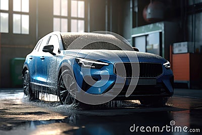 Automatic wash blue brush in action. AI generated Stock Photo