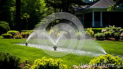 Automatic watering of the green lawn. The nozzle sprays water onto the lawn. Automatic lawn care Stock Photo