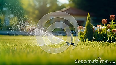 Automatic watering of the green lawn. The nozzle sprays water onto the lawn. Automatic lawn care Stock Photo