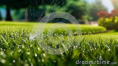 Automatic watering of the green lawn. The nozzle sprays water onto the lawn. Automatic lawn care Stock Photo