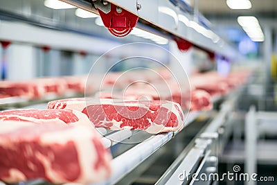 Automating meat manufacturing: conveyor line in action Stock Photo