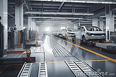 Automation automobile factory concept with 3d rendering robot assembly line with electric car battery cells module on platform Stock Photo