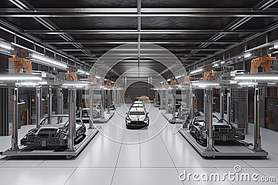 Automation automobile factory concept with 3d rendering robot assembly line with electric car battery cells module on platform Stock Photo