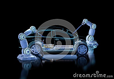 Robot assembly line with electric car battery cells module on platform Stock Photo