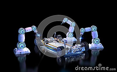 Automation automobile factory concept with robot assembly line with electric car battery cells module on platform Stock Photo