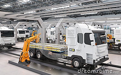 Automation automobile factory with robot assembly line produce electric truck Stock Photo