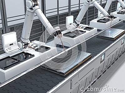 Automation battery manufacturing with electric car battery produced by robotic arms Stock Photo