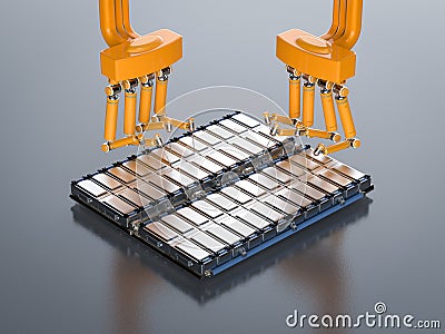 Automation battery manufacturing with electric car battery produced by robotic arms Stock Photo