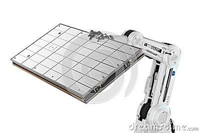 Automation battery manufacturing with electric car battery produced by robotic arms Stock Photo