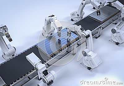 Automation battery manufacturing with electric car battery produced by robotic arms Stock Photo