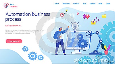 Automation business process. Businessman conducts experiment with mechanical arm. Artificial intelligence for startup Vector Illustration