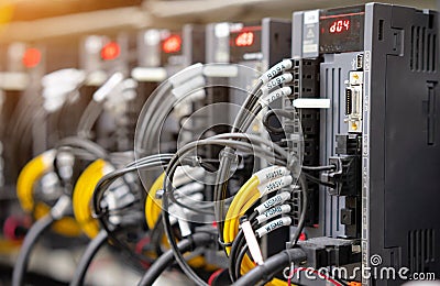 Servo motor controller and electrical component in automation machine control box Stock Photo