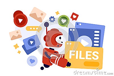 Automation of content creation and blog posts on social media using AI tools and robot Cartoon Illustration