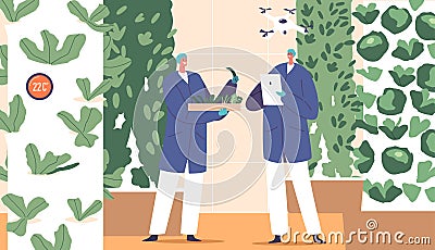 Automation Of Crop Production Scene with Worker Characters Using Technology Like Robots, Drones, And Ai Vector Illustration