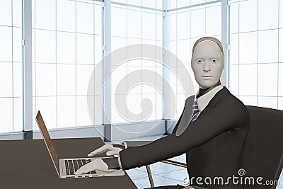 Automation 3d rendering artificial intelligent humanoid business working with notebook computer in office concept Stock Photo