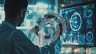 Automation engineer programming robotic arm in high-tech lab advanced robotics tech environment innovative concept Cartoon Illustration