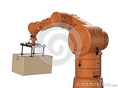 Automation factory or cargo with 3d rendering robotic arm carry cardboard box Stock Photo
