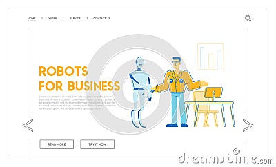 Automation, Futuristic Technologies and Artificial Intelligence in Business Website Landing Page. Robot and Human Vector Illustration