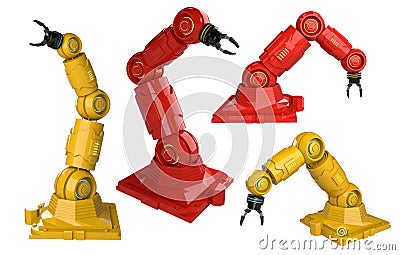 Automation industry concept with 3d rendering robot arms on white background - Illustration Stock Photo