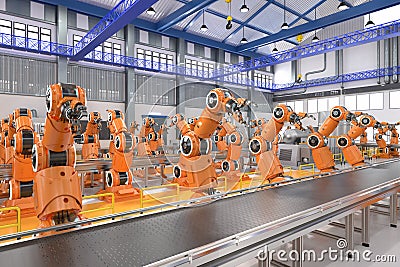 Automation industry concept with 3d rendering robot assembly line Stock Photo