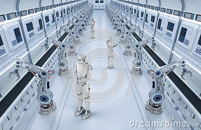 Automation industry concept with 3d rendering robot assembly line Stock Photo