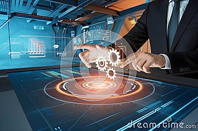 Automation and optimisation concept. Robotic process automation of business man touching on digital screen Stock Photo