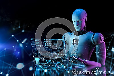 Automation programmer with robotic worker work with computer notebook Stock Photo