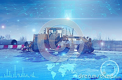 Automation of the road construction process, management of an artificial intelligence grader, data recording and storage in cloud Stock Photo