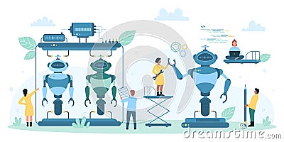 Automation of robot assembly process, tiny engineers work with machinery and equipment Vector Illustration