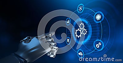 Automation robotic process RPA business technology concept. Robotic arm 3d rendering. Stock Photo