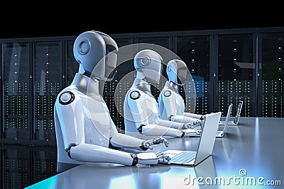 Automation server with humanoid robot working in server room Stock Photo