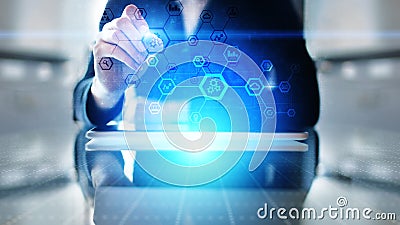 Automation system structure on virtual screen. Smart manufacturing technology and internet of things concept. Stock Photo