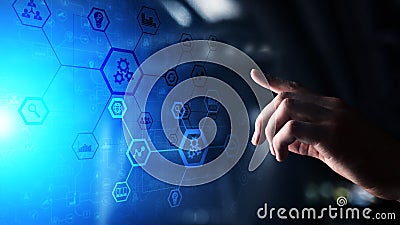 Automation system structure on virtual screen. Smart manufacturing technology and internet of things concept. Stock Photo