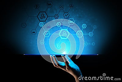 Automation system structure on virtual screen. Smart manufacturing technology and internet of things concept. Stock Photo