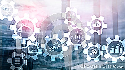 Automation technology and smart industry concept on blurred abstract background. Gears and icons. Stock Photo