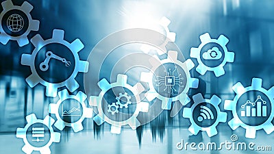 Automation technology and smart industry concept on blurred abstract background. Gears and icons. Stock Photo