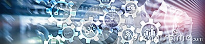 Automation technology and smart industry concept on blurred abstract background. Gears and icons. Website header banner Stock Photo