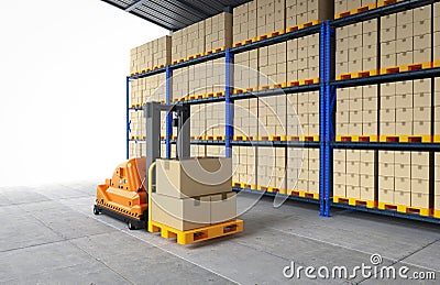 Automation warehouse management with automatic forklift in stockroom Stock Photo