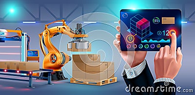 Smart automated warehouse or storage on factory. Robotic arm loading boxes on pallets. Robot palletizer. Vector Illustration