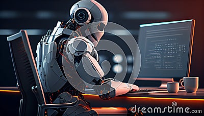 Automation worker concept with 3d rendering cyborg or robot work on desktop computer Stock Photo