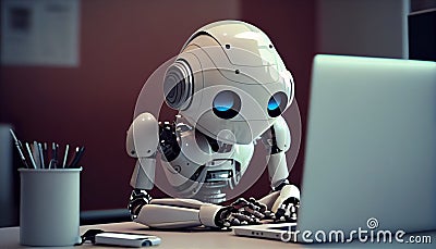 Automation worker concept with 3d rendering cyborg or robot work on desktop computer Stock Photo