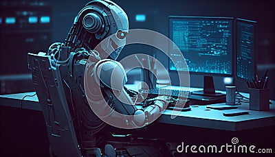 Automation worker concept with 3d rendering cyborg or robot work on desktop computer Stock Photo