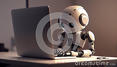 Automation worker concept with 3d rendering cyborg or robot work on desktop computer Stock Photo