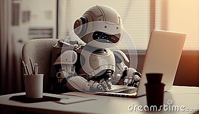 Automation worker concept with 3d rendering cyborg or robot work on desktop computer Stock Photo