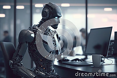 Automation worker concept with 3d rendering cyborg or robot work on desktop computer. Generative AI. Stock Photo