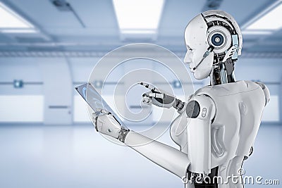 Female cyborg with glass tablet Stock Photo