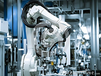 automative factory, a robotics arm with a milling spindle attachment performs the finishing cut on precision-engineered aluminum Stock Photo