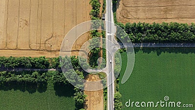 Automobile asphalt road with cars driving along it between agricultural fields Stock Photo