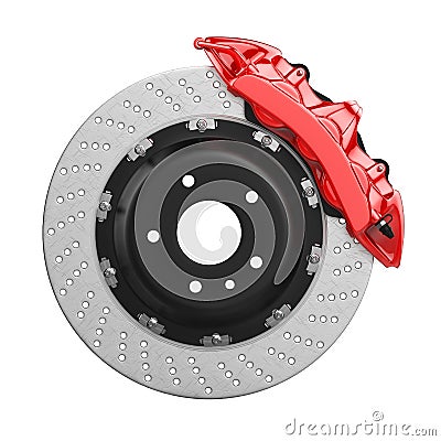 Automobile brake disk with red caliper Stock Photo